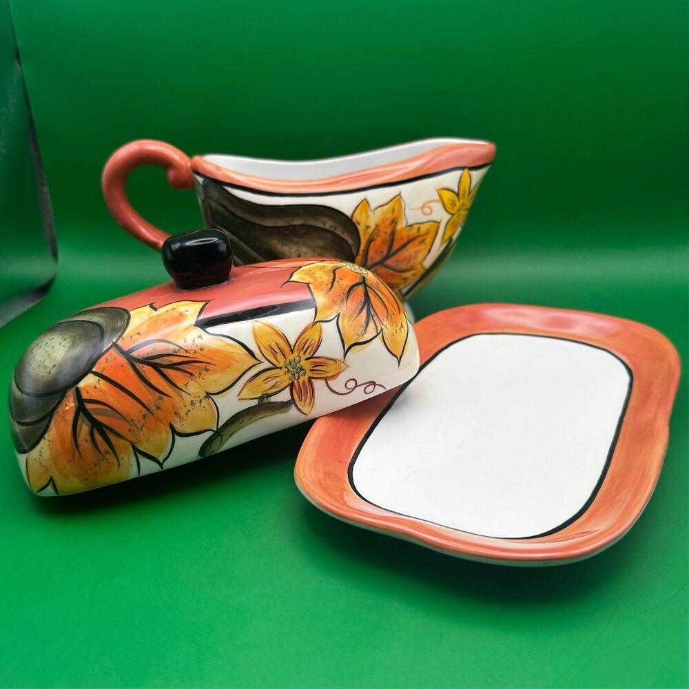 Rite Aid Ceramic Autumn Fall Leaves Gravy Boat & Covered Butter Dish Set 2 piece